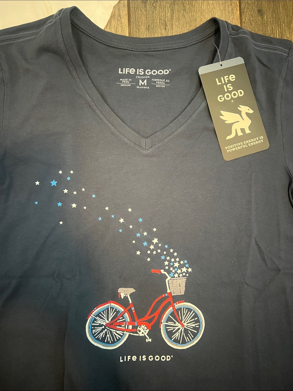 Brand new!Life is Good Women’s V-Neck T-Shirts White Flip Flops & Navy Bicycle - Picture 3 of 5
